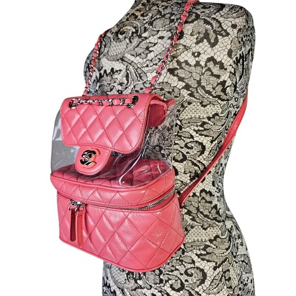 CHANEL Quilted Crumpled Leather Clear Backpack Handbag Pink Chain Zip Around CC - Picture 2 of 16